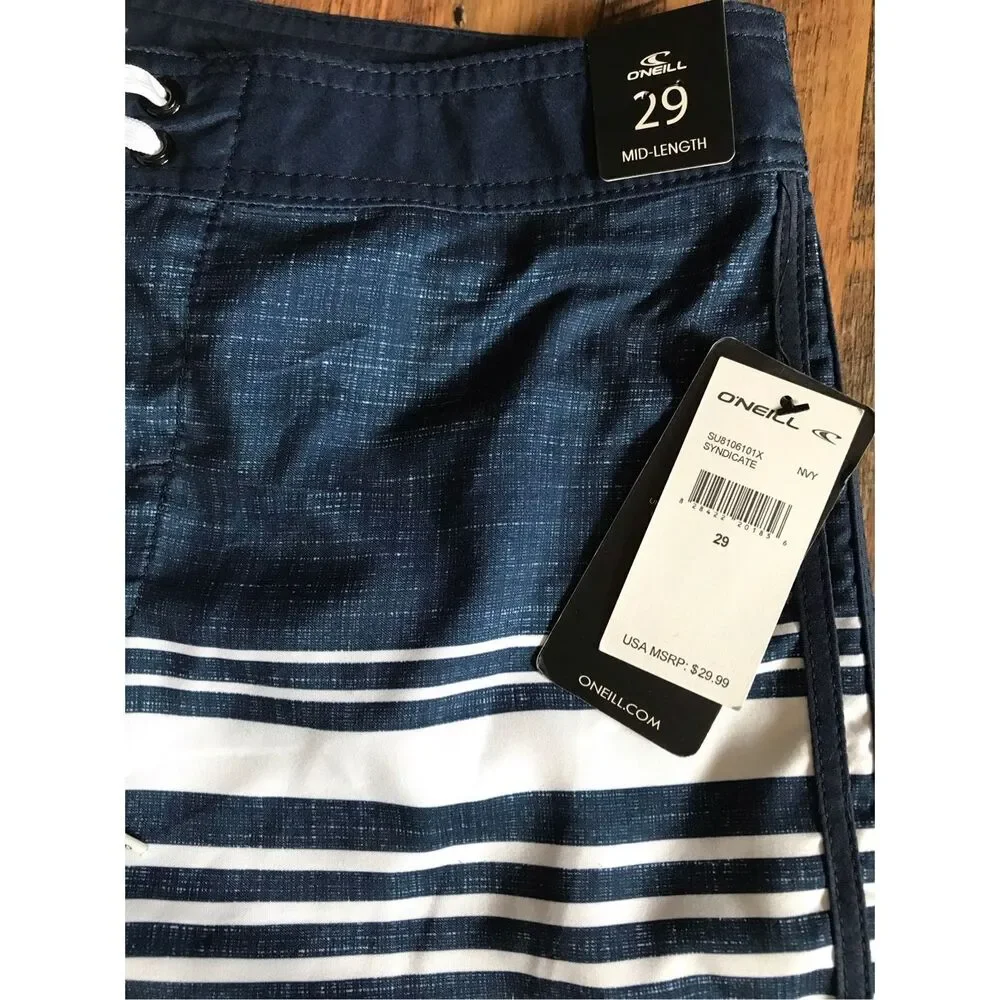 O’Neill men’s swim trunks shorts blue white ties unlined size 29 New with tags